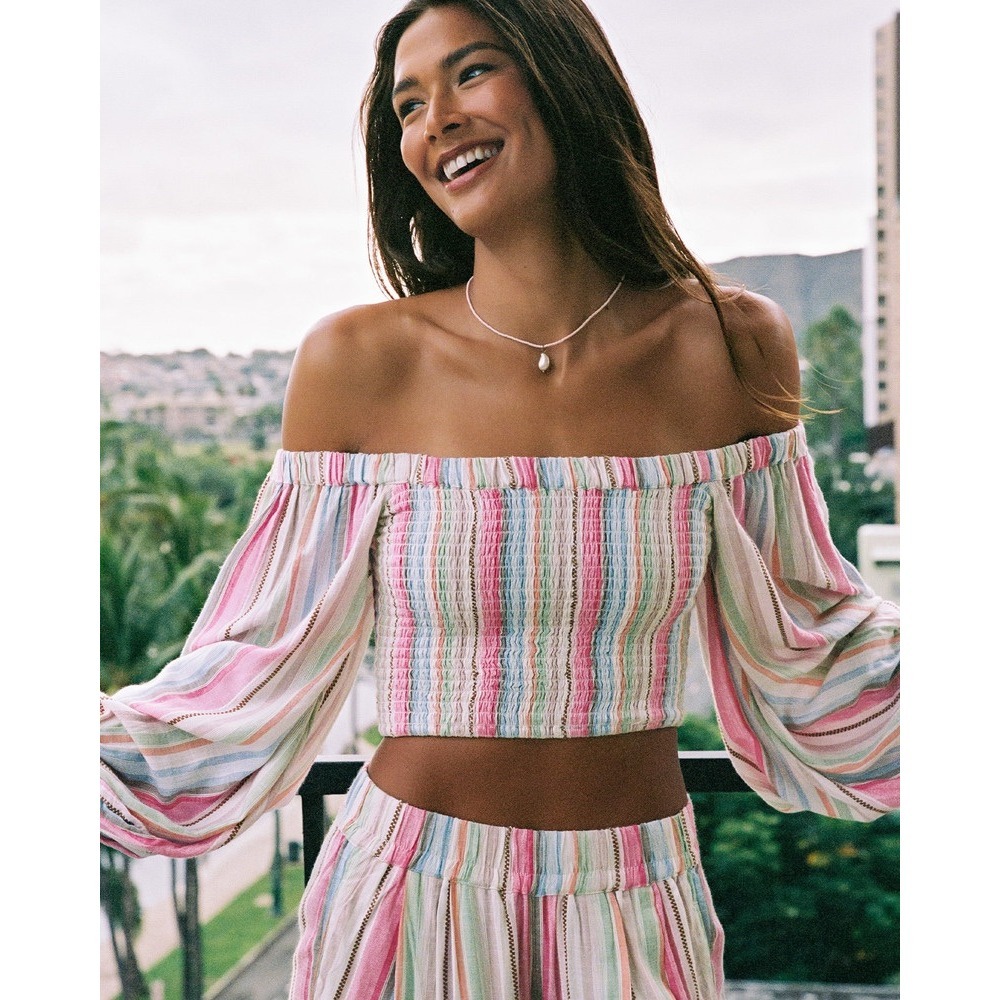 LSPACE Palma Top and Pant‎ Set San Tropez Stripe NWT Smocked Crop Wide Leg S M